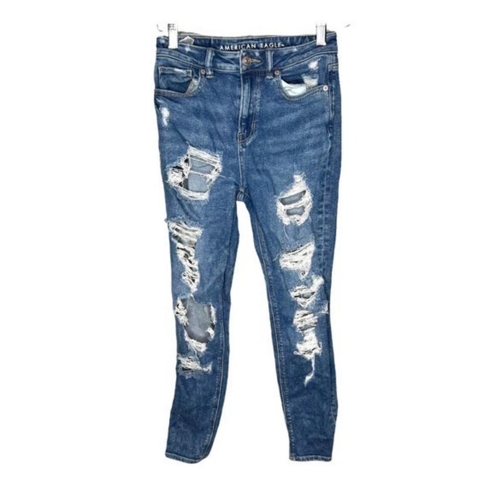 American eagle mom jeans blue high rise super distressed ripped denim size 00